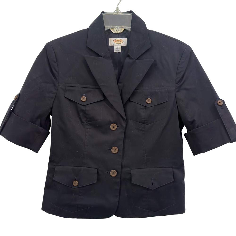 Talbots Black Cotton Stretch Safari Blazer Short Sleeve Jacket Petite 6P